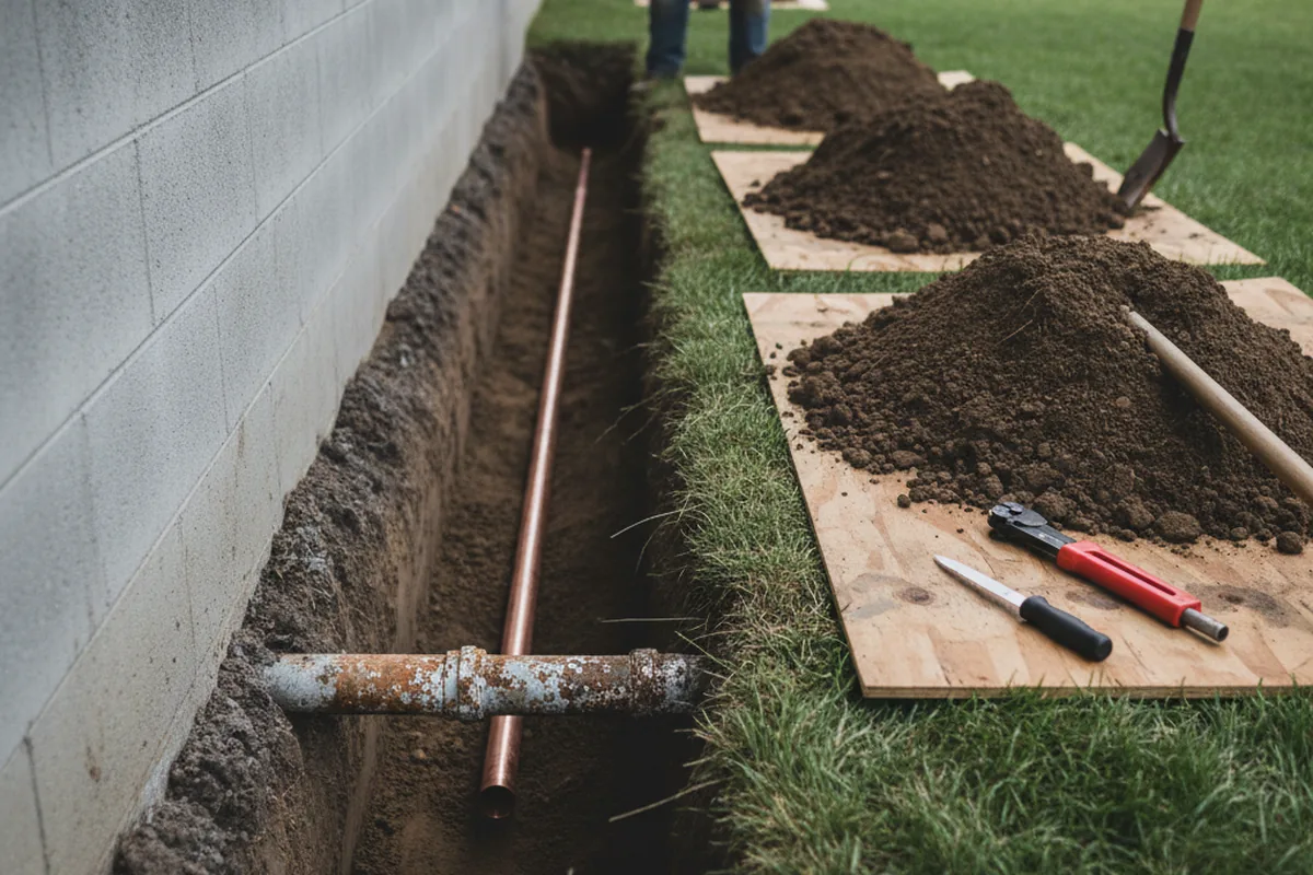 Excavated water line trench during Water Softener Installation in Lowellville